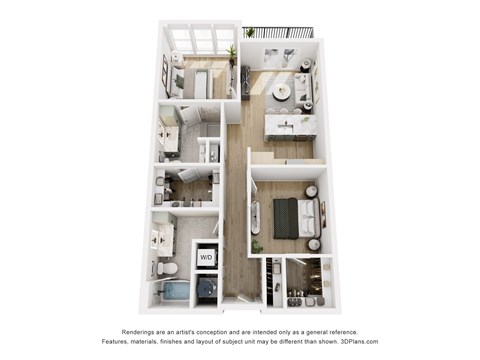 Floor plan for 2 beds, 2 baths, 965 sqft